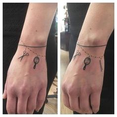 two pictures of the same person's wrist with scissors and keys tattooed on them