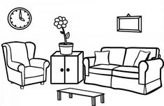 a black and white drawing of a living room with two chairs, a coffee table and a clock