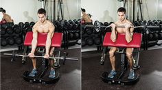 a man is doing squats on a bench with a bar in front of him