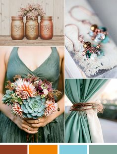 the color palette is teal, orange, and brown with succulents