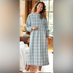 Ella Simone Portuguese Cotton Flannel Sky Blue Plaid Nightgown Style # 84851 100% Cotton Classic Nightgown With Banded Collar Generously Sized For A Comfortable Fit Extra Soft All-Cotton Flannel Approximately 49” Long Maxine Wash & Dry Made In Portugal Flaw - Plaid Does Not Match Up At Buttons Cotton Nighty For Women, Plaid Nightgown, Halloween Pajama Pants, Silk Pajama Pants, Flannel Nightgown, Red Pajamas, Flannel Pajama Pants, Red Plaid Flannel, Flannel Pajama Sets