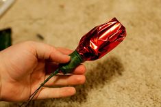 a person is holding a wrapped rose in their hand