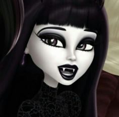 an animated image of a woman with black hair and white make - up on her face