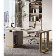 an office with a desk, chair and bookcase in the middle of the room