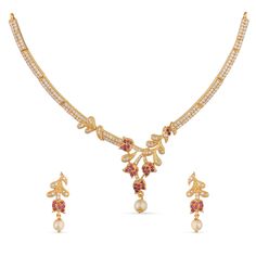 PRICES MAY VARY. MATERIAL: Jivisha jewelry set is made out of Brass with high quality Gold-Plating. This Floral theme piece is studded with opulent white red cubic zirconia stones and induced pearls. FEATURE: This traditional jewelry set includes 1 pair drop earrings and 1 short necklace, length (Necklace-9 cm ,Earring-1.5 cm) and weight (Necklace-20 gm,Earring-2 gm). The necklaces comes with Fishhook closure and has adjustable length. GIFTING: This necklace set arrives in unique and stylish pac Tarinika Jewellery, Bridesmaids Party, Bridal Jewelry Set, Engagement Ceremony, Indian Necklace, Indian Jewelry Sets, Length Necklace, Earring For Women, Wedding Bridal Jewellery