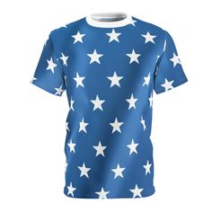 Blue and White Stars Tee, American Flag Tee, U S A Flag Tee, White Stars T-Shirt, Event Tee, Nightclub Tee, Designer Tee, Stage Tee. ♥ All of Our T-Shirts Are MADE TO ORDER. This allows us to offer more colors and sizes and different ink colors based on shirt colors. Steps To Place Your Order ♥ Choose Shirt Weight (4oz Or 6oz) From Drop Down ♥ Choose Shirt Size From Drop Down ♥ Add to cart. That's All That's To It. You will receive tracking info when your order ships from the printer. This tee w A Flag, White Stars, Blue T Shirt, Blue Tshirt, Synthetic Fabric, Tee Design, Twill Tape, Night Club, American Flag