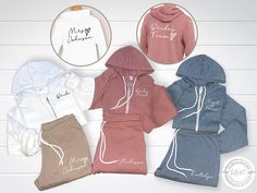 four different colored hoodies and pants with the names of each child's name on them