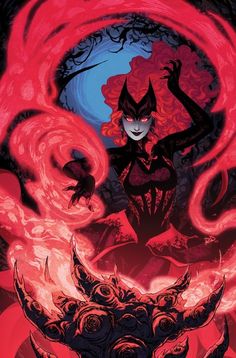 a woman with red hair and horns standing in front of an evil demon, surrounded by flames