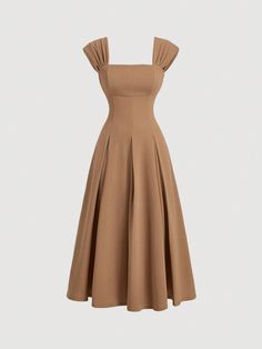 Khaki Shell Sleeve Pleated Umbrella Long Dress,Formal Dress,Fall Women Dresses,Cruise Women Outfits,90s Outfit, Clothes,Bridesmaid Dress,Dinner Outfithomecoming Dresses,Fairy Core,Old Money,Renaissance Khaki Elegant  Sleeveless Knitted Fabric Plain A Line Medium Stretch  Women Clothing, size features are:Bust: ,Length: ,Sleeve Length: Beige And Brown Bridesmaid Dress, Gathered Bust Dress, Old Money Dresses Women, Formal Modest Dresses, Shein Outfits Dresses, Old Money Style Dress, Formal Dress Fall, Simple Dinner Dress, Old Money Dresses