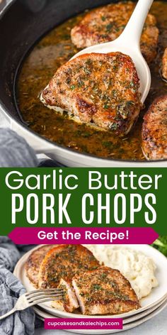 garlic butter pork chops in a skillet with mashed potatoes