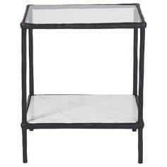 a black and white side table with a glass shelf on the top that has a marble bottom