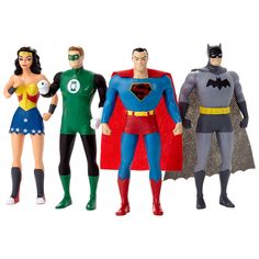 three action figures are standing next to each other on a white background, one is wearing a cape and the other has a green lantern