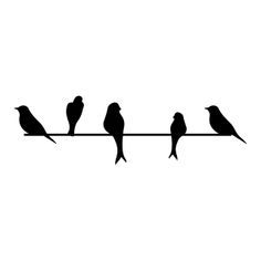 four birds sitting on a wire and one bird is perched on the other line, silhouetted against a white background