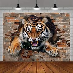 an image of a tiger looking through a hole in a brick wall with wood flooring