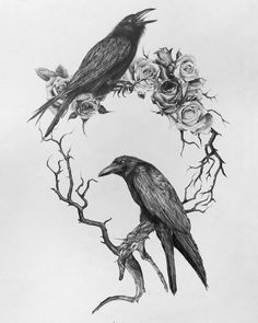 two black birds sitting on top of a tree branch with roses around it and the moon in the background