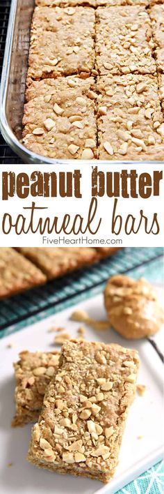 peanut butter oatmeal bars are stacked on top of each other and ready to be eaten