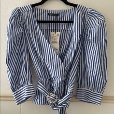 Very Flattering Zara Wrap Style Blouse, With Jewel Belt Detail. Never Worn, Tags Attached Zara Casual Blue Blouse, Elegant Striped Zara Top, Zara Blue Floral Print Blouse, Zara V-neck Beach Blouse, Jewel Belt, Ruffle Tops Outfit, Zara Striped V-neck Tops, Blue Ruffle Top, Zara V-neck Printed Blouse