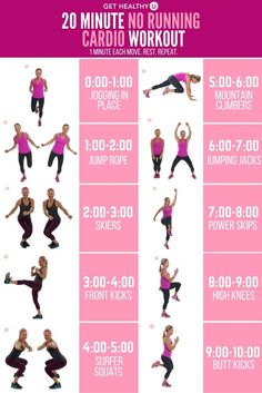 the 20 minute cardio workout for women is shown in pink and black, with instructions to