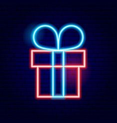 a neon gift box with a bow on it is lit up against a dark background