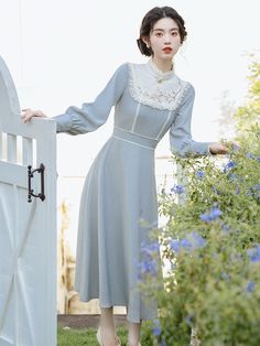 ❤︎Ice blue retro waist mark dress❤︎ Cottagecore Woman, French Palace, Long Sleeve Elegant Dresses, Floral Lantern, Vestidos Retro, Stand Neck, Vintage Midi Dresses, Vintage Cottagecore, Dress Retro