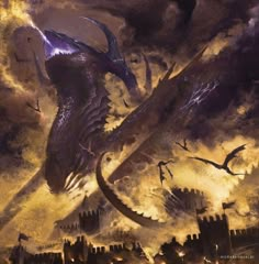 a dragon flying over a city in the sky