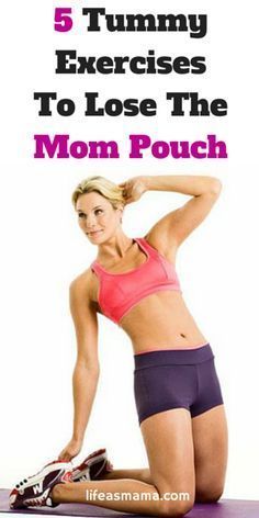 a woman in pink top and black shorts on purple mat with text that reads, 5 tummy exercises to lose the mom pouch