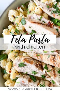 a bowl filled with pasta and chicken covered in parmesan cheese, herbs and seasoning