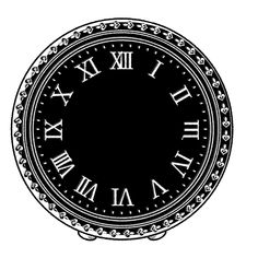 a black and white clock with roman numerals on it's face is shown