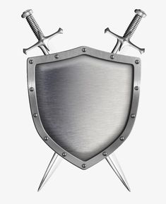 a metal shield with two swords on the front and side, against a white background