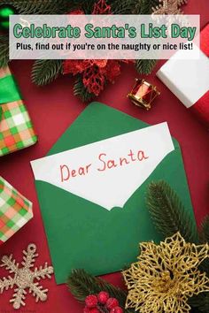 a green envelope with the words dear santa written on it next to christmas decorations and presents