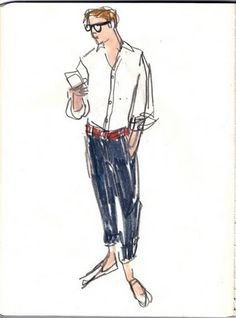 a drawing of a man with glasses and a shirt on, holding a drink in his hand