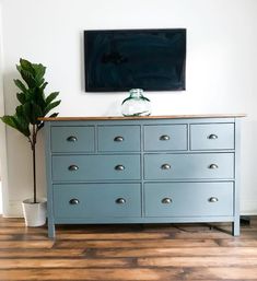 a blue dresser with drawers and a potted plant in front of the tv on the wall