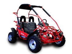 a red go - kart with two seats and wheels