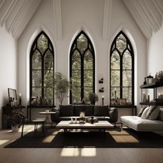 a living room filled with lots of furniture next to tall windows and large windows on the wall