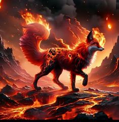 a red fox standing on top of a rocky hill covered in fire and lavas