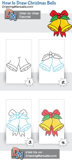 How to Draw Christmas Bells http://drawingmanuals.com/manual/how-to-draw-christmas-bells/ Draw Christmas, Drawing Christmas, Drawing Tutorials For Kids, Christmas Doodles, Christmas Rock, Christmas Bell, Christmas Things