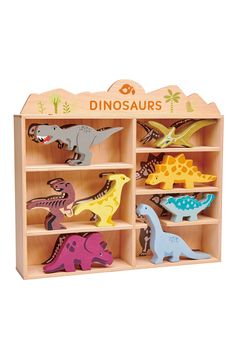 a wooden toy with dinosaurs in it