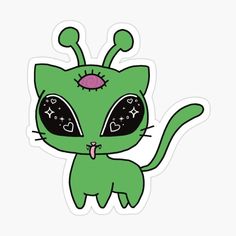 a green cat with big eyes sticker