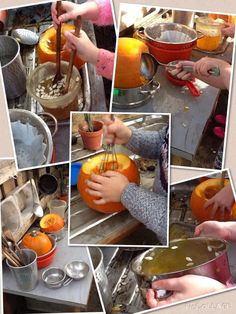 a collage of photos showing people carving pumpkins