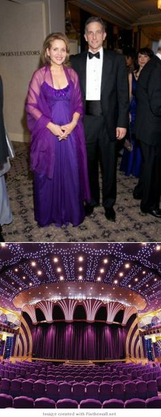 two pictures of people in formal wear at an event and on stage with purple chairs