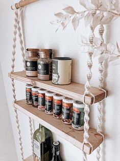 some shelves with spices and jars on them