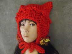 OOAK Red Knit Toddler Kitty Kat Hat/ Crochet Earflaps, Ties and OOAK Corespun Yarn Trim/Elfin Hat Ready to Ship Whimsical Brimmed Winter Bonnet, Winter Hand Knitted Fitted Hat, Cozy Red Hat For Cold Weather, Whimsical Red Winter Hat, Red Knitted Hat For Fall, Cozy Red Knitted Hat, Red Knitted Hat For Cold Weather, Handmade Red Beanie For Winter, Red Crochet Hat For Winter