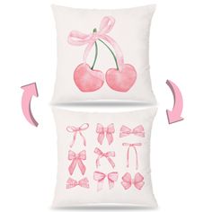 two pillows with pink bows and cherries on them, one is made from cotton