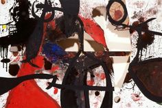 an abstract painting with black, red and white colors