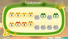 an animated keyboard with the words funkytown written on it and music notes in front of them