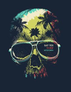 a skull wearing sunglasses with palm trees in the background