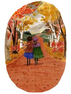 two women walking down a dirt road in the fall with trees and leaves around them