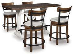 three stools and a table with two barstools in front of each other