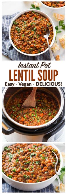 two pictures showing the steps in how to make lentil soup