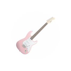 a pink electric guitar is shown against a white background